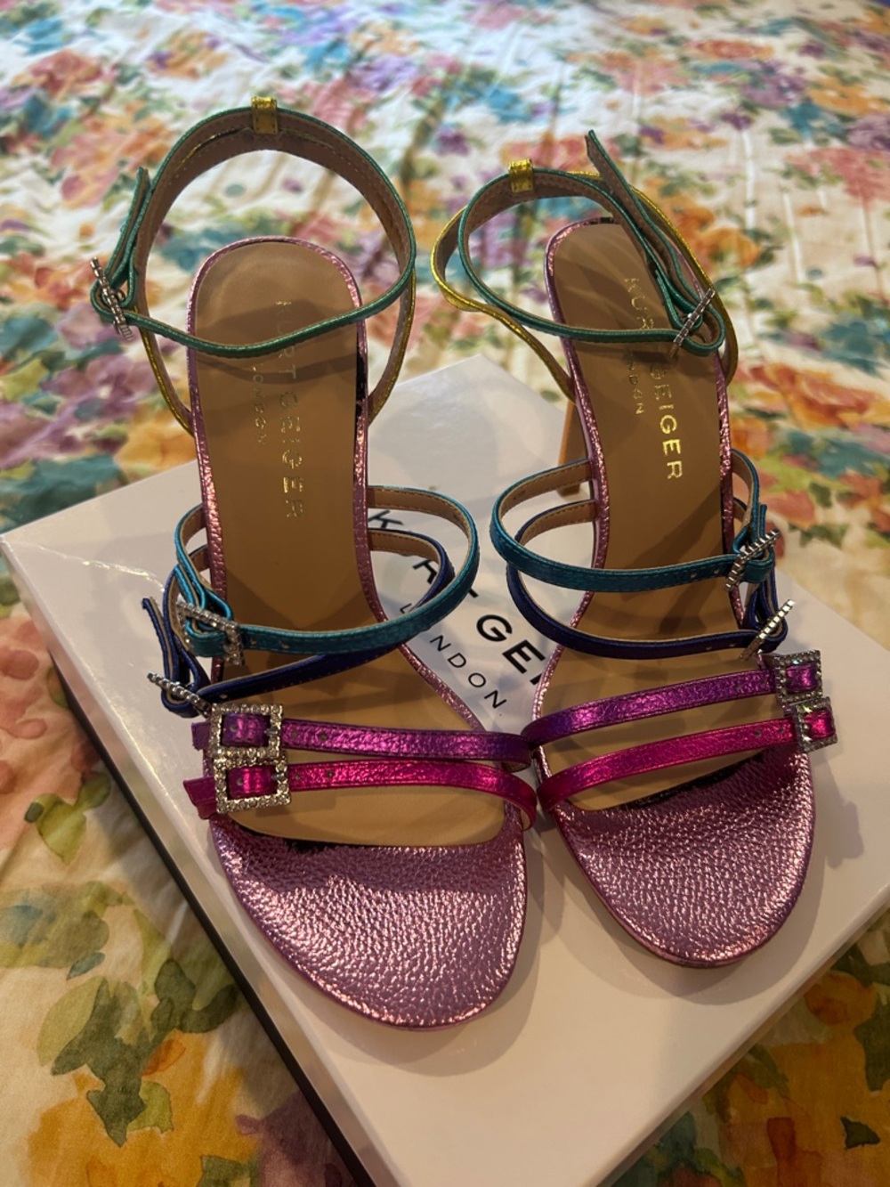Kurt Geiger Multicolor Metallic Strappy Heels - Pink, Blue, Green